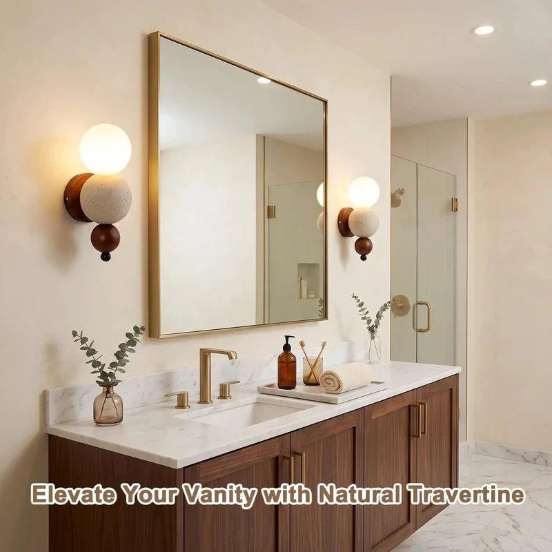 Modern Travertine Wall Sconce With Glass Globe And Wood Accent Lighting For Bedroom Living Room Hallway Bringing Hella Fresh Vibes To Your Hardwired Geometric Setup
