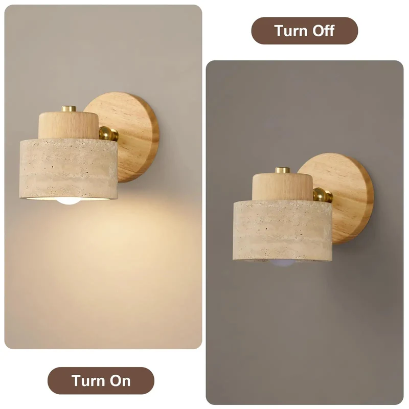 Single Yellow Travertine Wall Sconce With Natural Wood Base And Sleek Metal Frame Offers Rock Solid Durability For A Killer Living Room Vibe And Top Notch Ambient Lighting