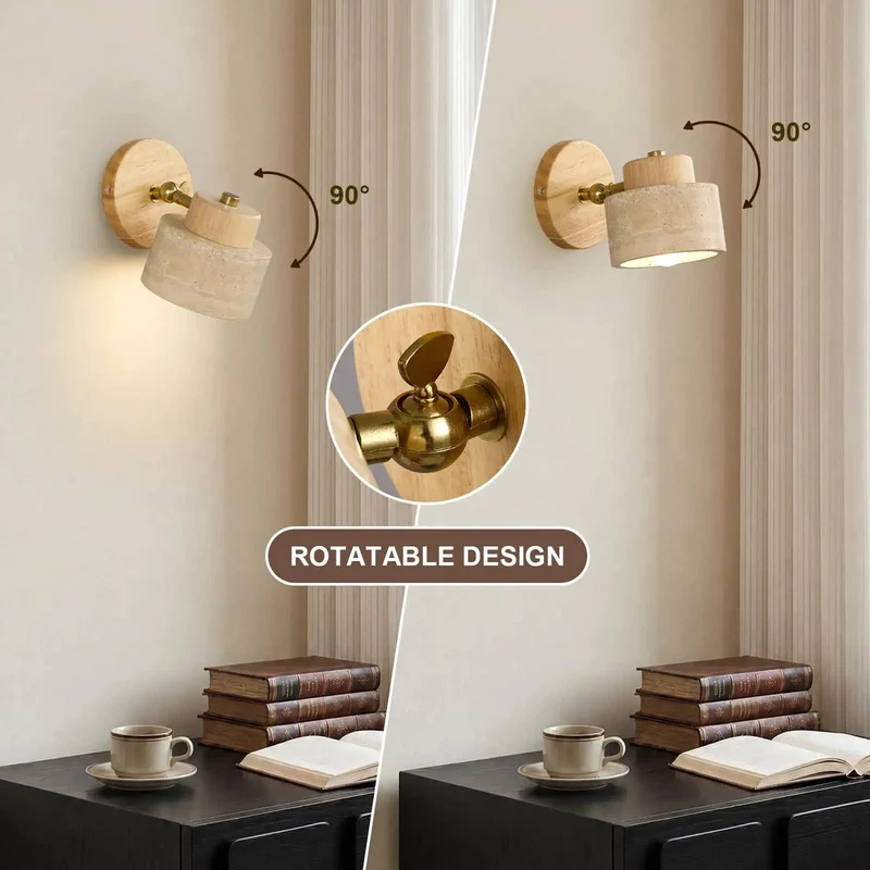 Single Yellow Travertine Wall Sconce With Natural Wood Base And Sleek Metal Frame Offers Rock Solid Durability For A Killer Living Room Vibe And Top Notch Ambient Lighting