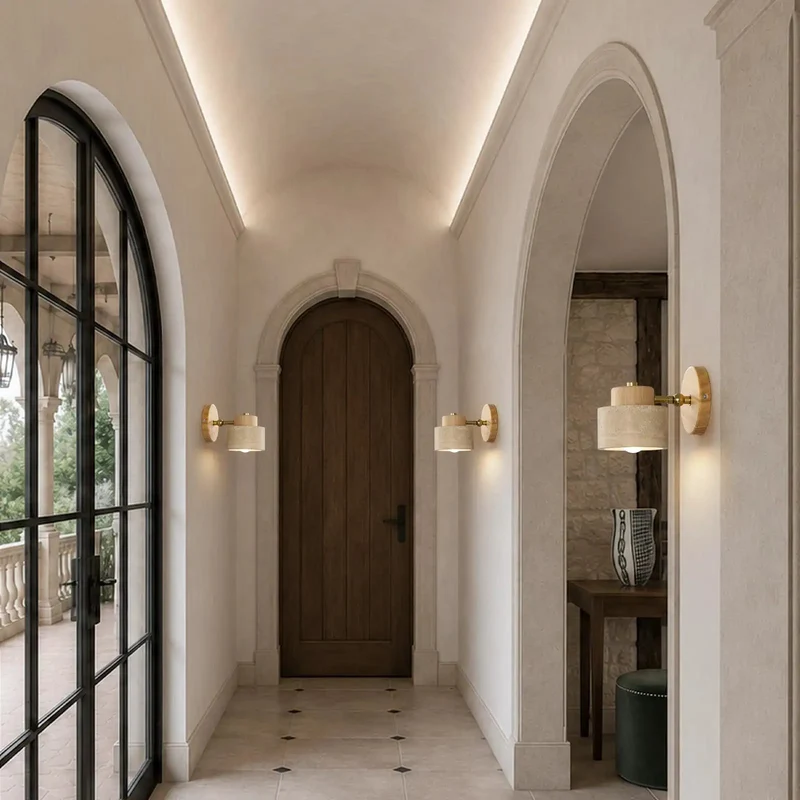 Single Yellow Travertine Wall Sconce With Natural Wood Base And Sleek Metal Frame Offers Rock Solid Durability For A Killer Living Room Vibe And Top Notch Ambient Lighting
