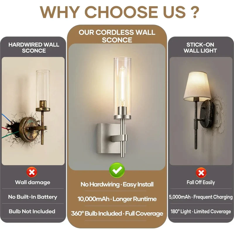 Cordless Brushed Nickel Wall Sconces With Remote And 10000mah Rechargeable Battery Set Of 2 Dimmable Wireless Wall Lights For Bedroom Living Room Bathroom Hallway Hassle Free Setup