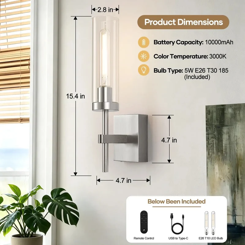 Cordless Brushed Nickel Wall Sconces With Remote And 10000mah Rechargeable Battery Set Of 2 Dimmable Wireless Wall Lights For Bedroom Living Room Bathroom Hallway Hassle Free Setup