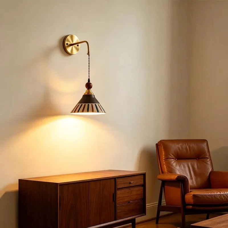 Premium Vintage Gold Ceramic Wall Sconce Featuring Sturdy Brass Frame And Hand Painted Striped Shade Designed To Serve Hella Cool Retro Vibes And A Slick Glow For Modern Spaces
