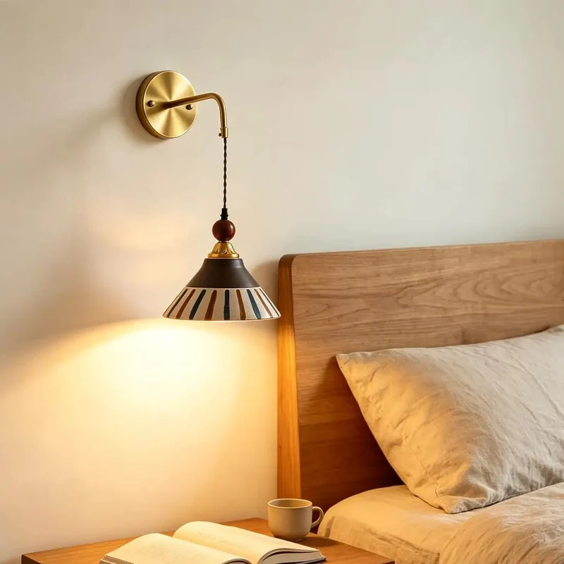 Premium Vintage Gold Ceramic Wall Sconce Featuring Sturdy Brass Frame And Hand Painted Striped Shade Designed To Serve Hella Cool Retro Vibes And A Slick Glow For Modern Spaces