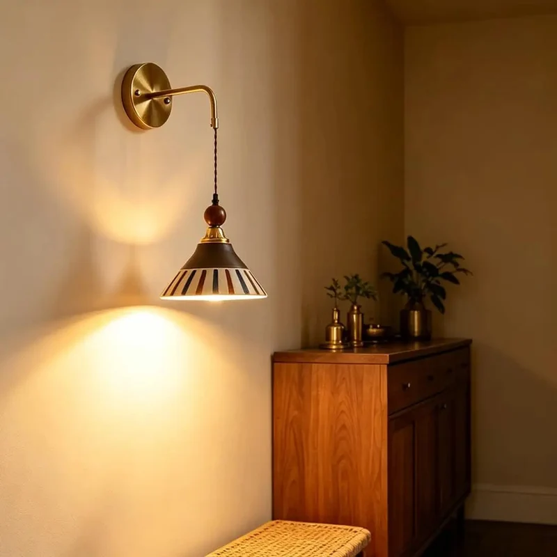 Premium Vintage Gold Ceramic Wall Sconce Featuring Sturdy Brass Frame And Hand Painted Striped Shade Designed To Serve Hella Cool Retro Vibes And A Slick Glow For Modern Spaces