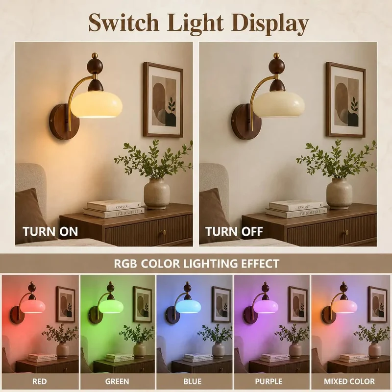 Two Pack Slick Mid Century Wooden Wall Sconces Featuring Hella Warm RGB LED Glow And Smooth Wireless Charging Rechargeable Bedroom Accent Lamps For Modern Home Decor And Living Room Vibes
