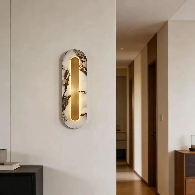 Slick Long Marble Wall Sconce With Gold Trim Offers Smooth Lighting For A Clean Minimalist Vibe That Totally Levels Up Your Room As A Stylish Hardwired Bedside Or Living Room Fixture You Gotta Have