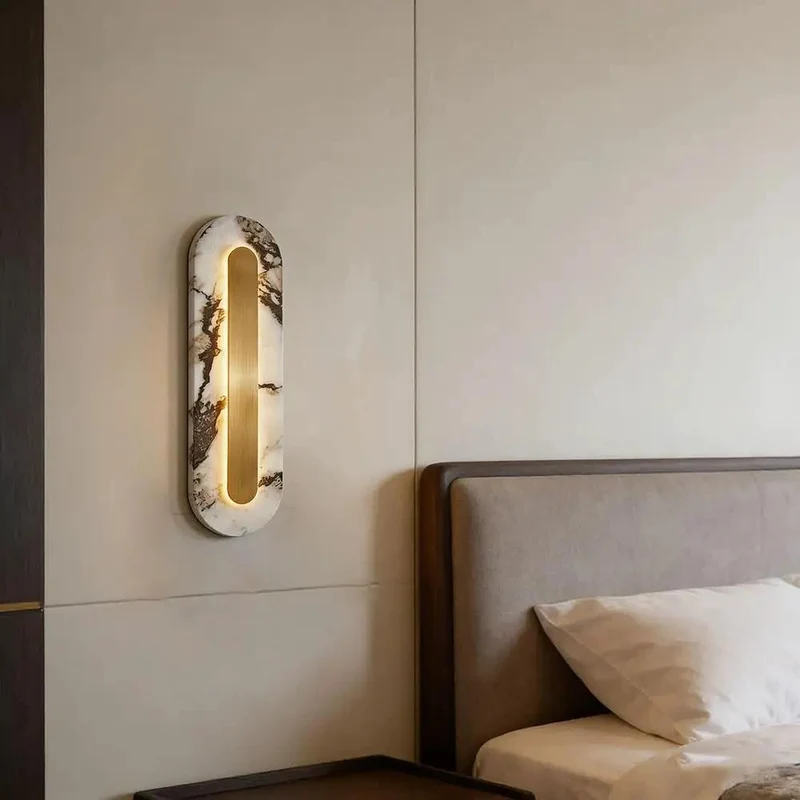 Slick Long Marble Wall Sconce With Gold Trim Offers Smooth Lighting For A Clean Minimalist Vibe That Totally Levels Up Your Room As A Stylish Hardwired Bedside Or Living Room Fixture You Gotta Have