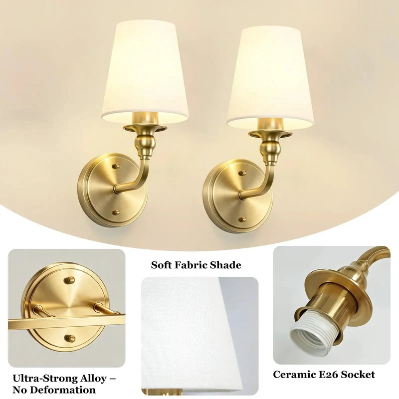 Top Shelf Wall Sconces Set Of Two Featuring Brushed Gold Frame And Soft White Linen Shade Solid Pick For Modern Bathroom Bedroom Or Hallway Vanity Lighting Adding Clean Farmhouse Charm To Authentic Americana Decor Vibe