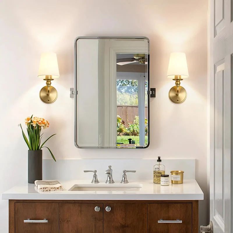 Top Shelf Wall Sconces Set Of Two Featuring Brushed Gold Frame And Soft White Linen Shade Solid Pick For Modern Bathroom Bedroom Or Hallway Vanity Lighting Adding Clean Farmhouse Charm To Authentic Americana Decor Vibe