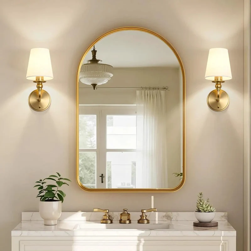 Top Shelf Wall Sconces Set Of Two Featuring Brushed Gold Frame And Soft White Linen Shade Solid Pick For Modern Bathroom Bedroom Or Hallway Vanity Lighting Adding Clean Farmhouse Charm To Authentic Americana Decor Vibe