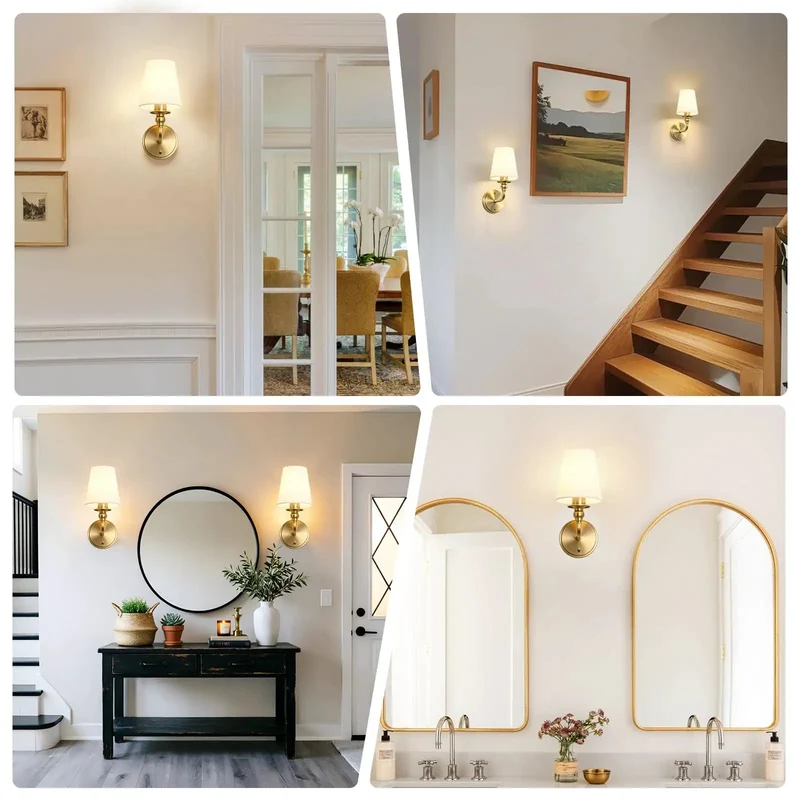 Top Shelf Wall Sconces Set Of Two Featuring Brushed Gold Frame And Soft White Linen Shade Solid Pick For Modern Bathroom Bedroom Or Hallway Vanity Lighting Adding Clean Farmhouse Charm To Authentic Americana Decor Vibe