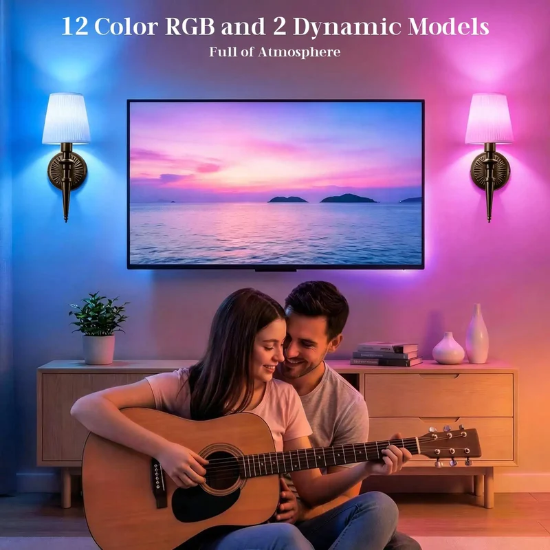 Totally Wireless Wall Sconce Set Of Two With Hype Rgb Vibe Lighting And Super Chill 3Cct Dimmable Fabric Led Lamp Easy Setup For Bedroom Or Lounge Ambient Warmth Bronze