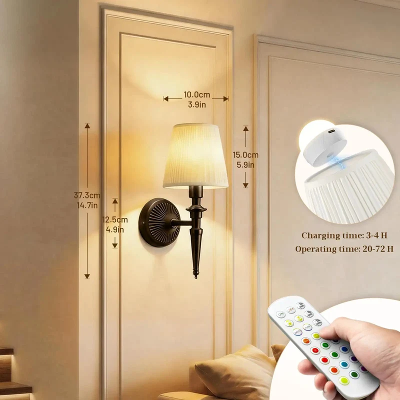 Totally Wireless Wall Sconce Set Of Two With Hype Rgb Vibe Lighting And Super Chill 3Cct Dimmable Fabric Led Lamp Easy Setup For Bedroom Or Lounge Ambient Warmth Bronze