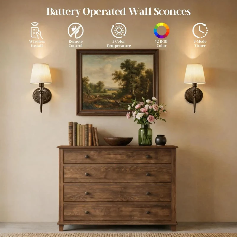 Totally Wireless Wall Sconce Set Of Two With Hype Rgb Vibe Lighting And Super Chill 3Cct Dimmable Fabric Led Lamp Easy Setup For Bedroom Or Lounge Ambient Warmth Bronze