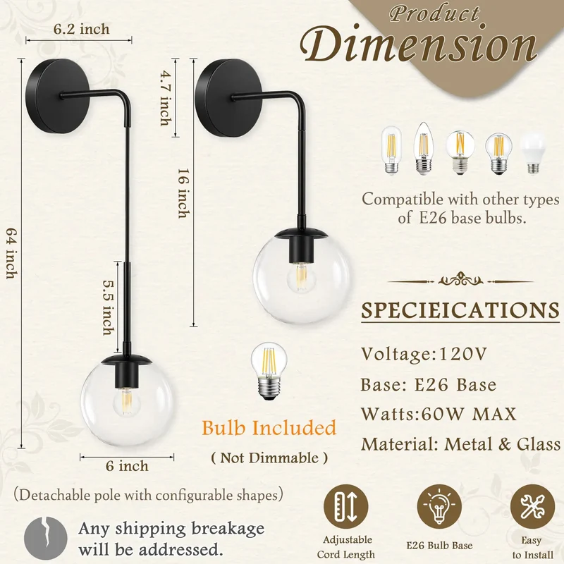 Super Sleek 2 Pack of 6 Inch Black Metal Wall Sconces With Hanging Cord and Included Bulbs Add Badass Modern Vibes to Bedroom Living Room Hallway With Clean Spherical Design