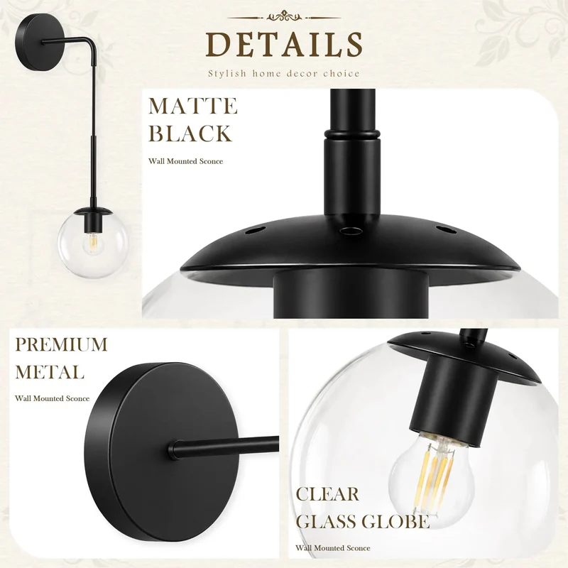 Super Sleek 2 Pack of 6 Inch Black Metal Wall Sconces With Hanging Cord and Included Bulbs Add Badass Modern Vibes to Bedroom Living Room Hallway With Clean Spherical Design