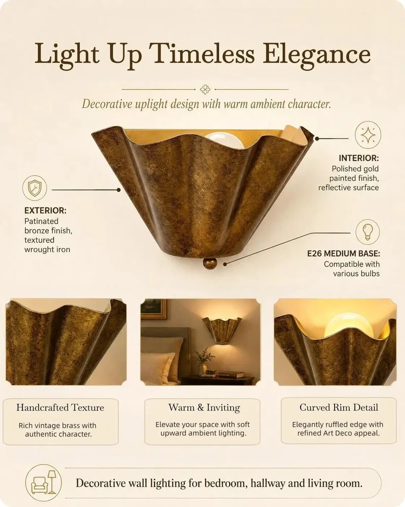 Heavy Duty Vintage Bronze Wall Sconce With Scalloped Bowl Shade And Standard E26 Socket Made For Low Key Uplight Vibes That Bring Top Shelf Country Flair To Your Hallway Kitchen Or Lounge Spot Today