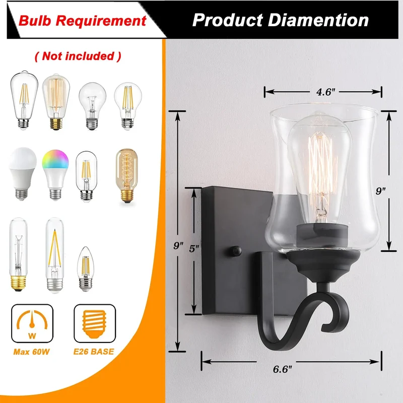 Set Of Two Black Wall Sconces Featuring Clear Glass Shade And Hard Wired E26 Socket Sharp Bath Lighting Duo For Hallway Or Stairwell Supporting Quick Up Or Down Facing Install That Brings Clean Vibes To Any Space