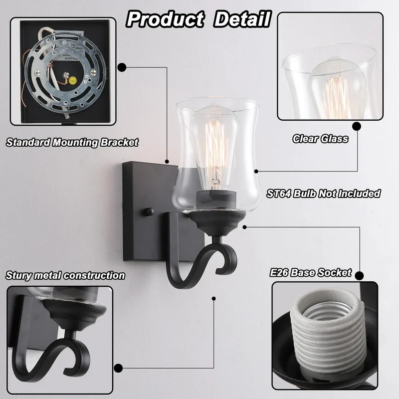Set Of Two Black Wall Sconces Featuring Clear Glass Shade And Hard Wired E26 Socket Sharp Bath Lighting Duo For Hallway Or Stairwell Supporting Quick Up Or Down Facing Install That Brings Clean Vibes To Any Space