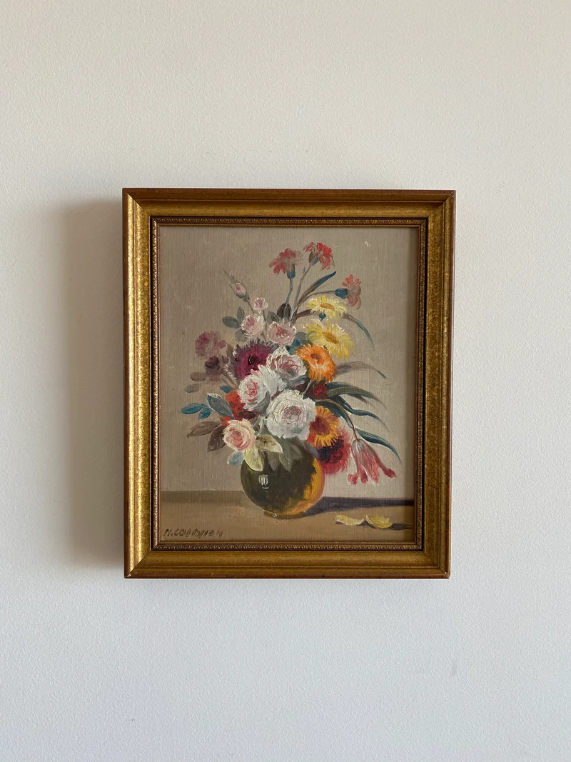 Bouquet peint dans son cadre doré rectangulaire