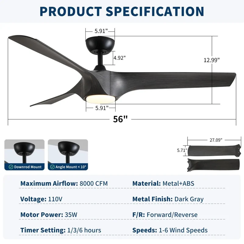 Slick 56 Inch Farmhouse Ceiling Fan Built For No Sweat Cooling With Reversible Dc Motor And Dimmable Led Light Featuring Matte Black Finish Dark Gray Abs Blades Super Quiet
