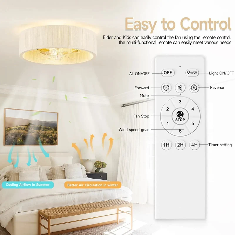 Super Cool Boho Flush Mount Ceiling Fan With Soft Ambient Light And Super Easy Remote Control Featuring Stylish Pleated Shade That Brings Real Nice Vibes To Any Home Space