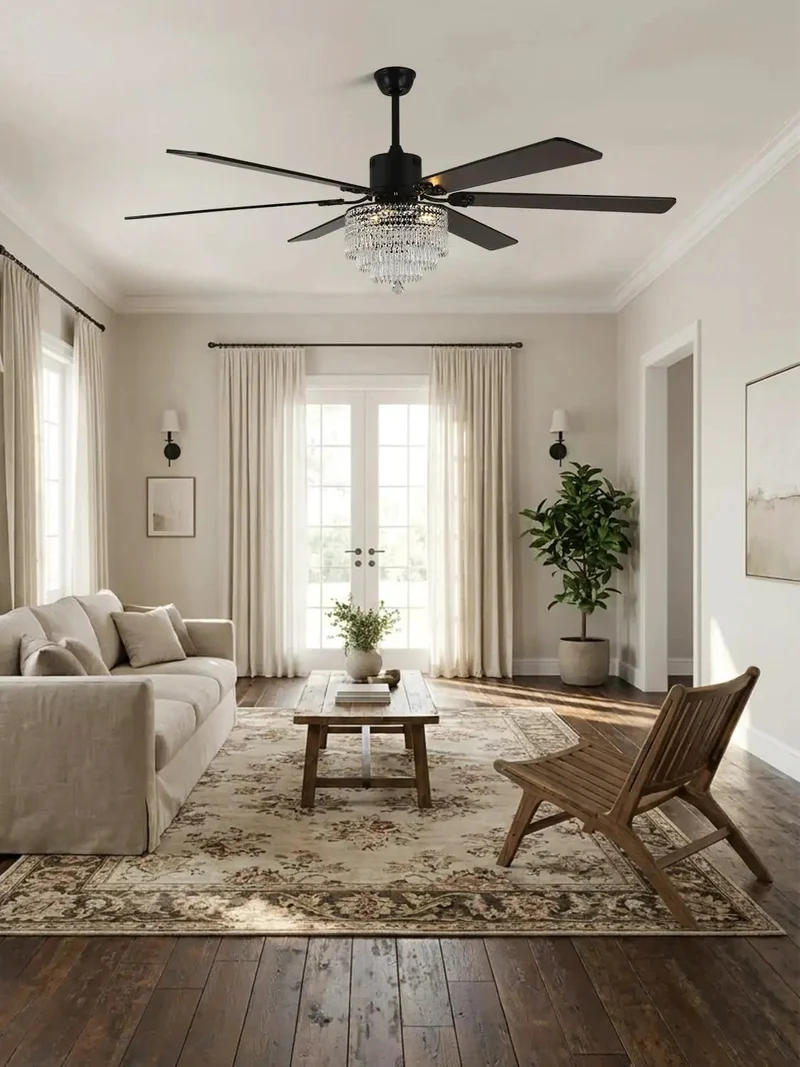 Slick Smooth Operator 65 Inch K9 Crystal Fandelier Ceiling Fan With Remote Dimming Light Sleek Chrome Frame Whisper Quiet Motor For Modern Rustic Living Spaces