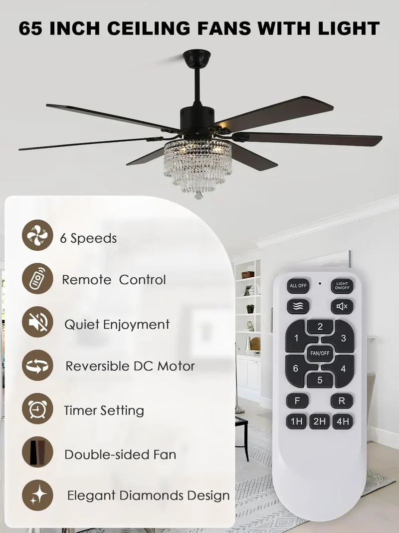 Slick Smooth Operator 65 Inch K9 Crystal Fandelier Ceiling Fan With Remote Dimming Light Sleek Chrome Frame Whisper Quiet Motor For Modern Rustic Living Spaces