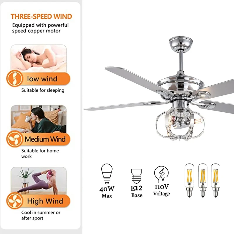 Premium 52 Inch Ceiling Fan And Chandelier Hybrid Featuring Wireless Remote Five Graceful Blades Triple Airflow Levels Keep Your Setup Smooth And Totally Chilled