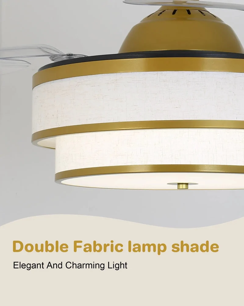 48 Inch Retractable Ceiling Fan With Light And Remote 2 Tier Fabric Drum Chandelier Style White Linen Shade Gold Trim Bedroom Vibe Maker Slick Airflow Smooth Operation Modern Home Glow Up Top Tier Decor
