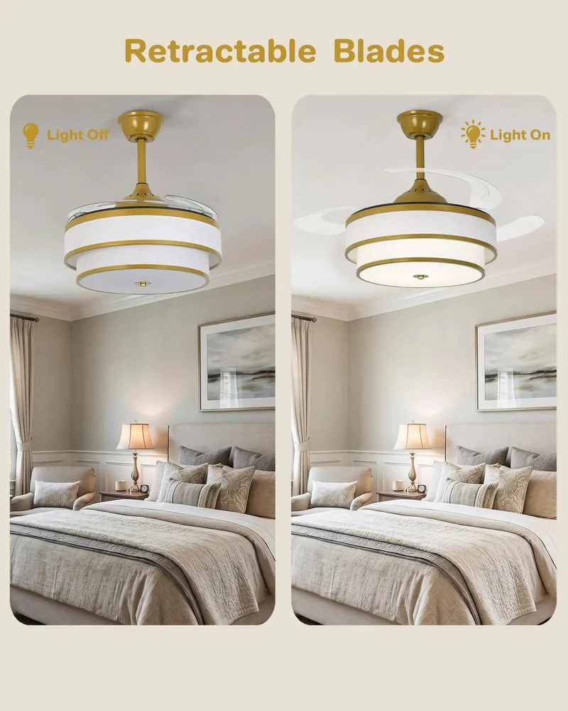 48 Inch Retractable Ceiling Fan With Light And Remote 2 Tier Fabric Drum Chandelier Style White Linen Shade Gold Trim Bedroom Vibe Maker Slick Airflow Smooth Operation Modern Home Glow Up Top Tier Decor
