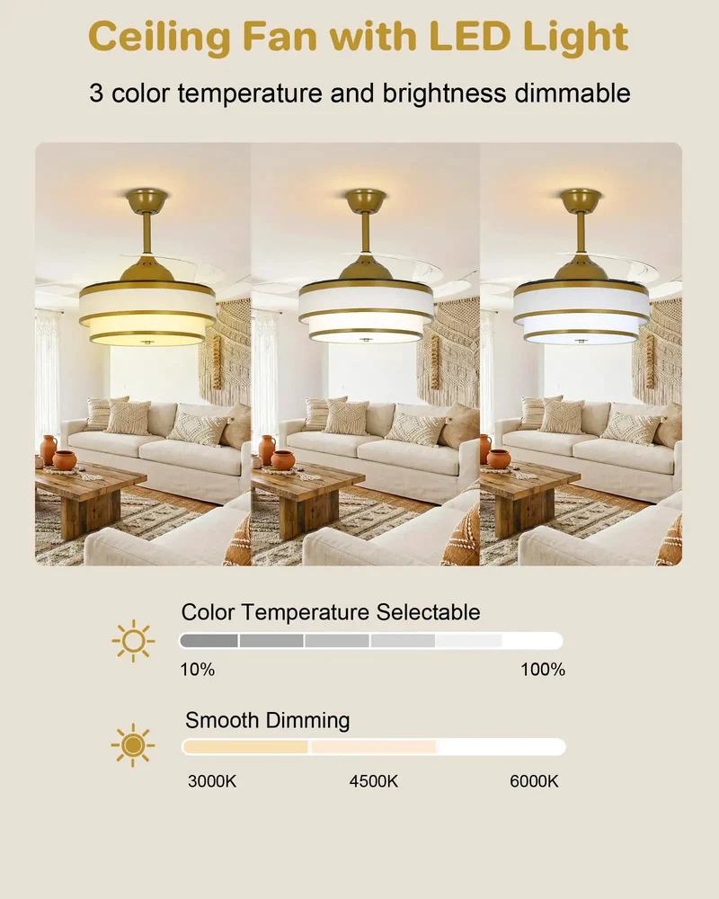 48 Inch Retractable Ceiling Fan With Light And Remote 2 Tier Fabric Drum Chandelier Style White Linen Shade Gold Trim Bedroom Vibe Maker Slick Airflow Smooth Operation Modern Home Glow Up Top Tier Decor