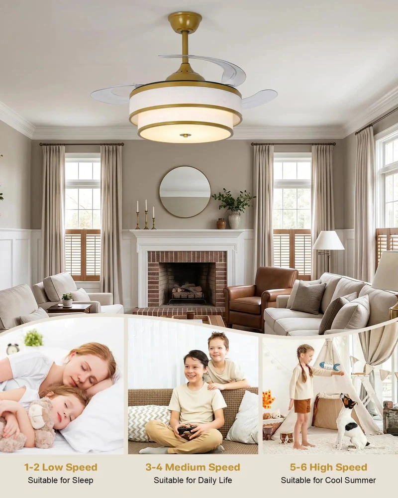 48 Inch Retractable Ceiling Fan With Light And Remote 2 Tier Fabric Drum Chandelier Style White Linen Shade Gold Trim Bedroom Vibe Maker Slick Airflow Smooth Operation Modern Home Glow Up Top Tier Decor