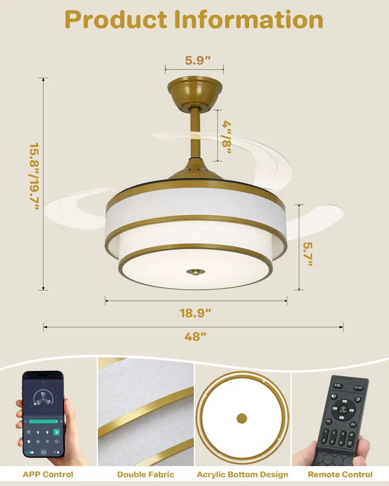 48 Inch Retractable Ceiling Fan With Light And Remote 2 Tier Fabric Drum Chandelier Style White Linen Shade Gold Trim Bedroom Vibe Maker Slick Airflow Smooth Operation Modern Home Glow Up Top Tier Decor