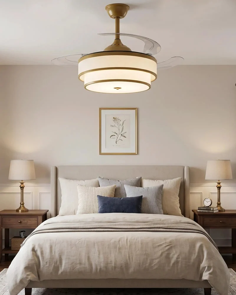 48 Inch Retractable Ceiling Fan With Light And Remote 2 Tier Fabric Drum Chandelier Style White Linen Shade Gold Trim Bedroom Vibe Maker Slick Airflow Smooth Operation Modern Home Glow Up Top Tier Decor