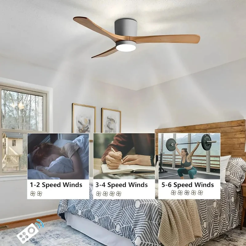 Slick Modern Indoor Ceiling Fan With Light Dead Quiet Operation Solid Wood Blades Smooth Six Speed Settings Three Warm Led Colors Forward Reverse Mode Perfect Kick Back Space For Your Couch