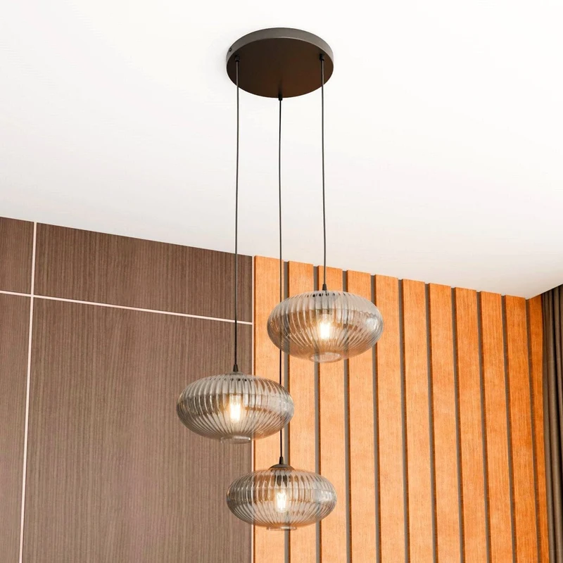 Suspension 3 Lampes en Verre Noir Salon