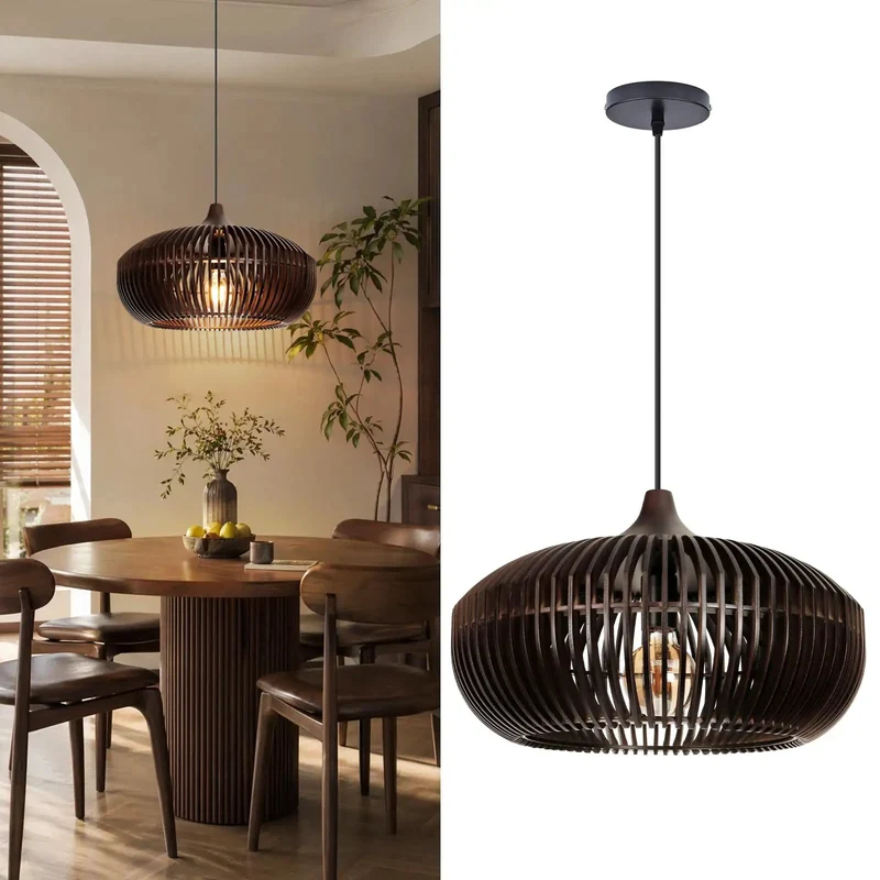 Top Shelf Wooden Pendant Light With Espresso Slats Casting Bold Vertical Shadows Perfect For Farmhouse Kitchen Island Or Chill Bedroom Ceiling Fixture Setup