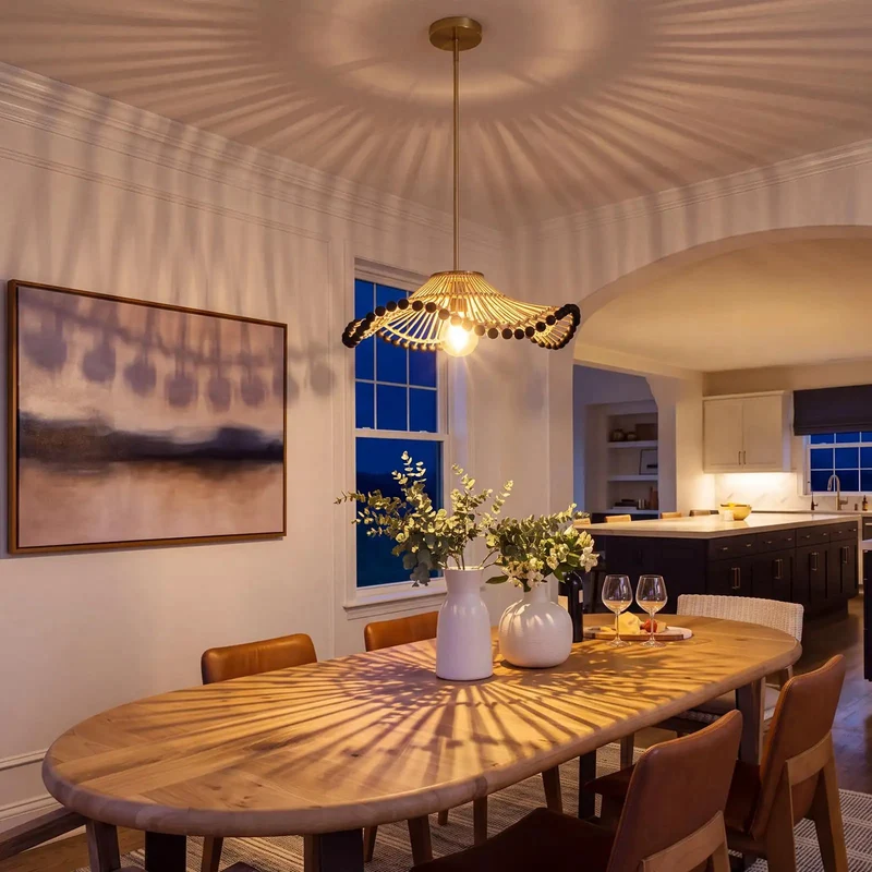 Hand Woven Rattan Pendant Light Featuring Wave Textures And Matte Black Beads Boho Ceiling Fixture That Brings Dope Coastal Vibes To Your Kitchen Island Today