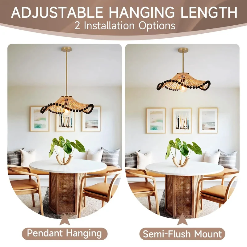 Hand Woven Rattan Pendant Light Featuring Wave Textures And Matte Black Beads Boho Ceiling Fixture That Brings Dope Coastal Vibes To Your Kitchen Island Today
