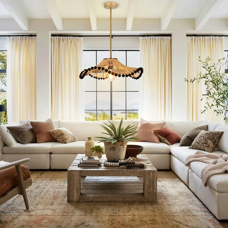Hand Woven Rattan Pendant Light Featuring Wave Textures And Matte Black Beads Boho Ceiling Fixture That Brings Dope Coastal Vibes To Your Kitchen Island Today