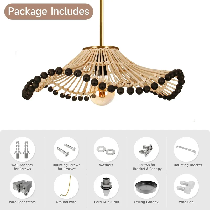 Hand Woven Rattan Pendant Light Featuring Wave Textures And Matte Black Beads Boho Ceiling Fixture That Brings Dope Coastal Vibes To Your Kitchen Island Today