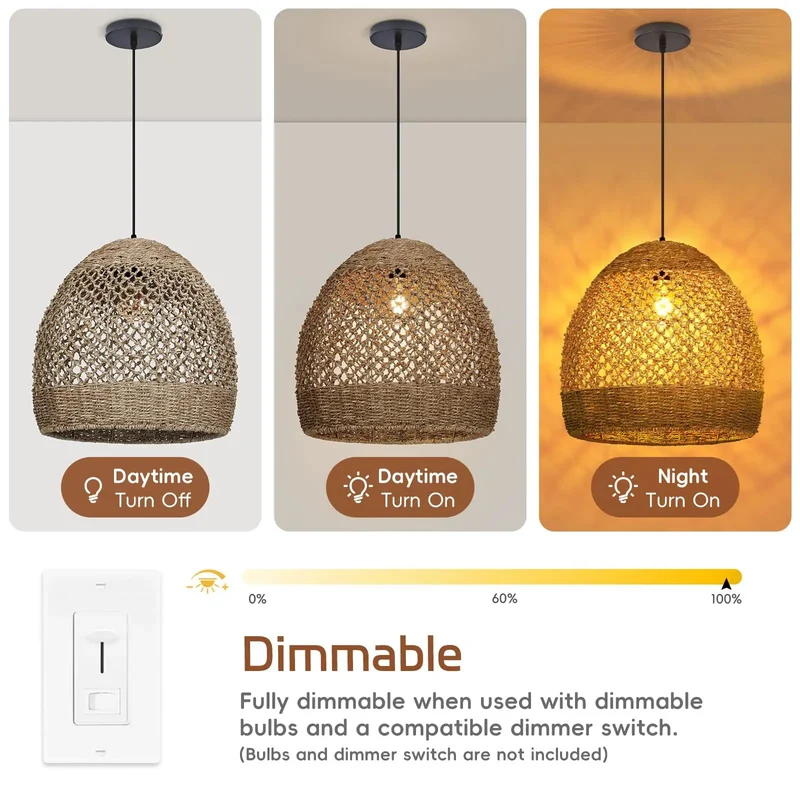 Handwoven Rattan Pendant Light 15.7 Inch With Laid Back Boho Vibes And Standout Farmhouse Appeal Natural Fiber Ceiling Lamp For Kitchen Island Dining Area Or Killer Bedroom Upgrade