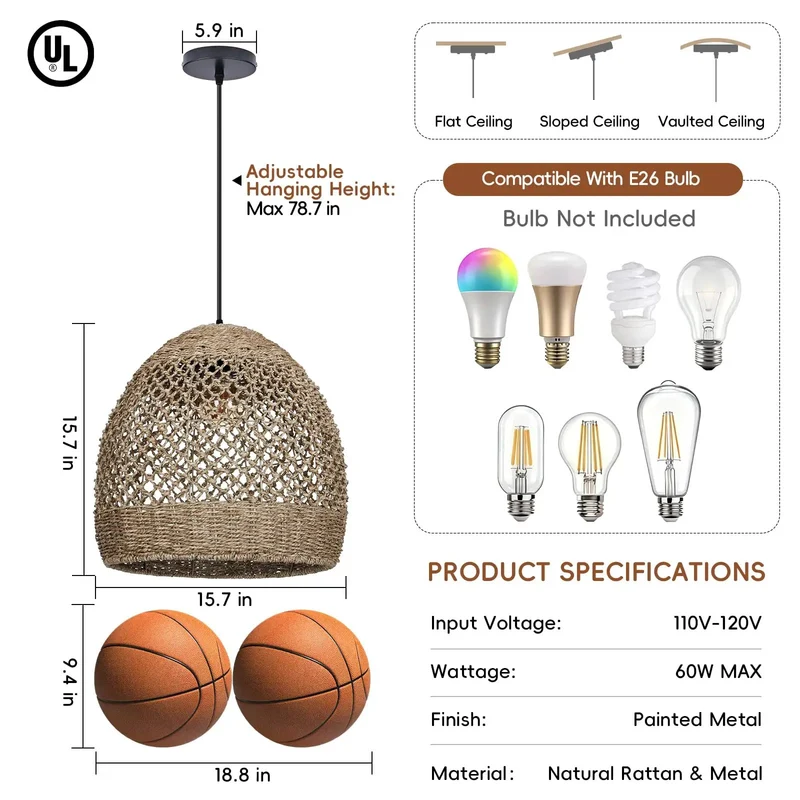 Handwoven Rattan Pendant Light 15.7 Inch With Laid Back Boho Vibes And Standout Farmhouse Appeal Natural Fiber Ceiling Lamp For Kitchen Island Dining Area Or Killer Bedroom Upgrade
