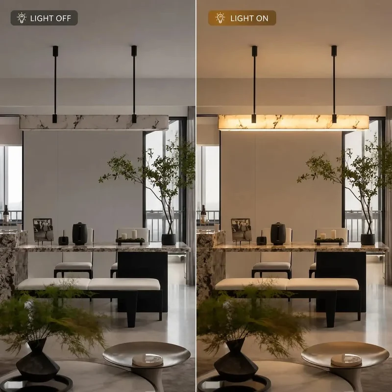 Modern 47 Inch Long Marble Dining Pendant Light With Sleek Copper Frame And Natural Alabaster Shades Ideal For Kitchen Islands Serving Up A Game Changing Glow Straight To Your Table Plus No Sweat Install For Quick Everyday Home Decor Refresh