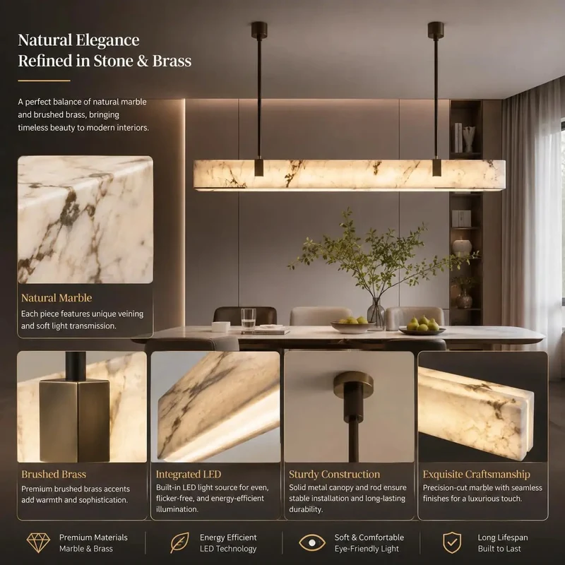 Modern 47 Inch Long Marble Dining Pendant Light With Sleek Copper Frame And Natural Alabaster Shades Ideal For Kitchen Islands Serving Up A Game Changing Glow Straight To Your Table Plus No Sweat Install For Quick Everyday Home Decor Refresh