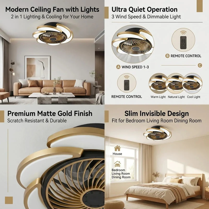 Swank 17 Inch Bladeless Ceiling Fan Light Kit With Remote Control 6 Speeds Enclosed Blade Design Low Profile Safe For Nurseries And Playrooms Sleek Gold Finish Fresh Airstream For Modern Decor