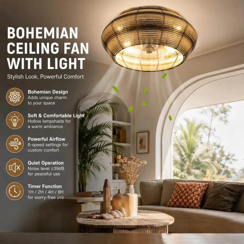 19 Inch Boho Caged Ceiling Fan Packed With Sleek Hidden Blades And Sturdy Iron Build Featuring Led Light Kit 6 Speed Remote For Zero Sweat Flush Mount Breezes