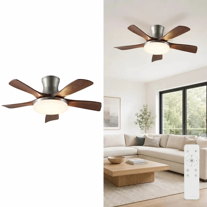 Modern Low Profile Ceiling Fan With Light Featuring Smooth 54 Inch Wood Grain Abs Blades With Top Shelf 100W Full Spectrum Led Illumination And Solid Airflow For Chill Living Rooms And Bedrooms